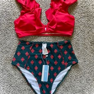 Ruffle Shoulder Top with High Waist Bottoms